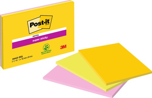 Memoblok Post-it 6445 Super Sticky 152x101mm assorti 3st