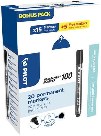 Viltstift PILOT 100 rond fijn zwart doos à 15+5 gratis