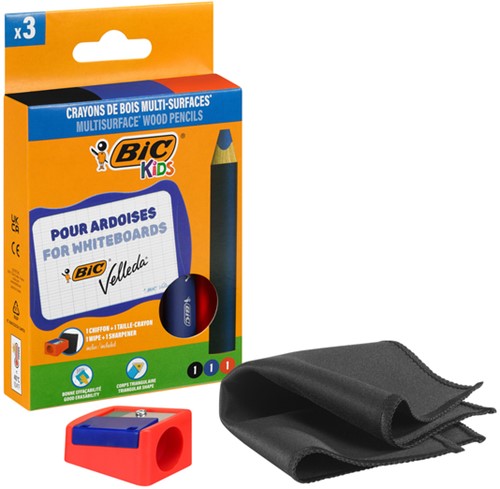 Whiteboardpotlood BicKids Multi Surface inclusief puntenslijper en doekje assorti pak à 3 stuks-3