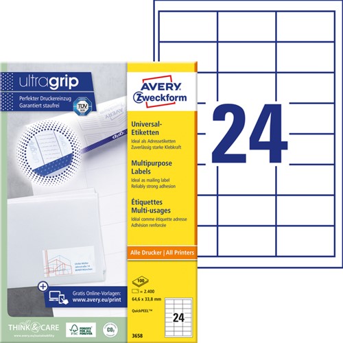 Etiket Avery Zweckform 3658 64.6x33.8mm wit 2400stuks-2