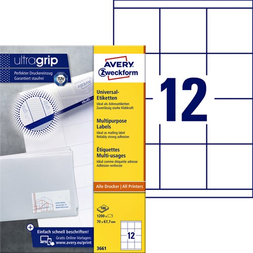 Etiket Avery Zweckform 3661 70x67.7mm wit 1200stuks