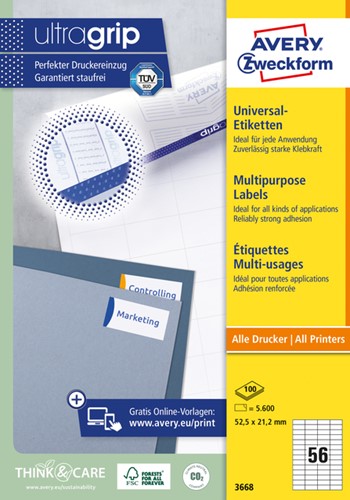 Etiket Avery Zweckform 3668 52.5x21.2mm wit 5600stuks