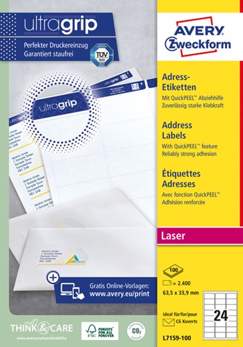 Etiket Avery L7159-100 63.5x33.9mm wit 2400stuks