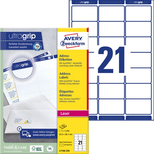 Etiket Avery L7160-250 63.5x38.1mm wit 5250stuks-2