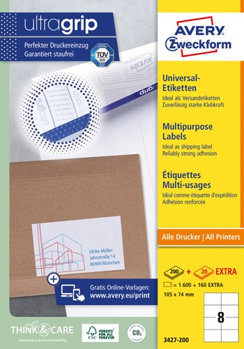 Etiket Avery Zweckform 3427-200 105x74mm wit 1600stuks