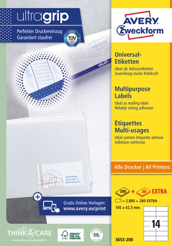 Etiket Avery Zweckform 3653-200 105x42.3mm wit 2800stuks