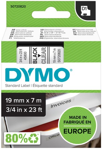Labeltape Dymo 45800 D1 720820 19mmx7m zwart op transparant