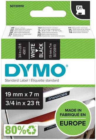 Labeltape Dymo 45811 D1 720910 19mmx7m wit op zwart