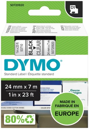 Labeltape Dymo 53710 D1 720920 24mmx7m zwart op transparant
