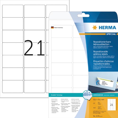 Etiket HERMA 5074 63.5x38.1mm verwijderbaar wit 525stuks