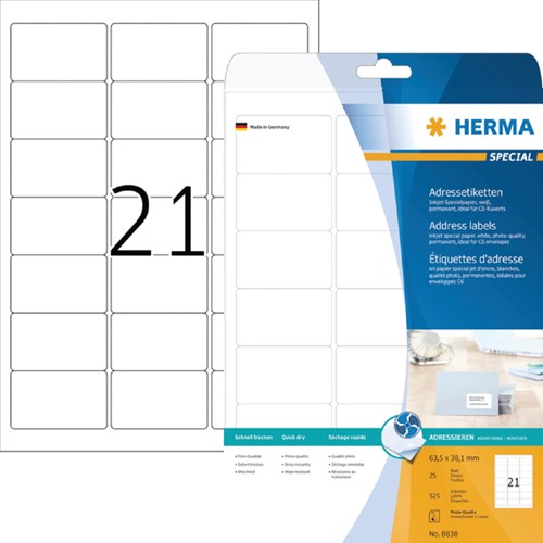 Etiket HERMA 8838 63.5x38.1mm mat wit 525stuks