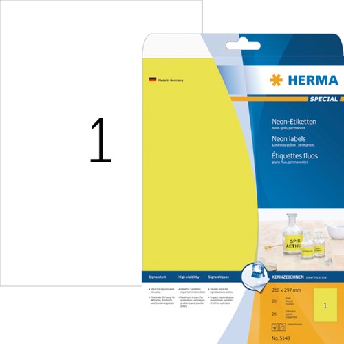 Etiket HERMA 5148 210x297mm A4 fluor geel 20stuks