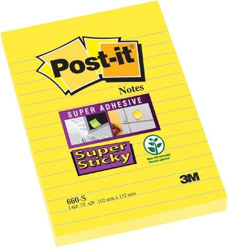 Memoblok 3M Post-it 660 Super Sticky 102x152 geel met lijn