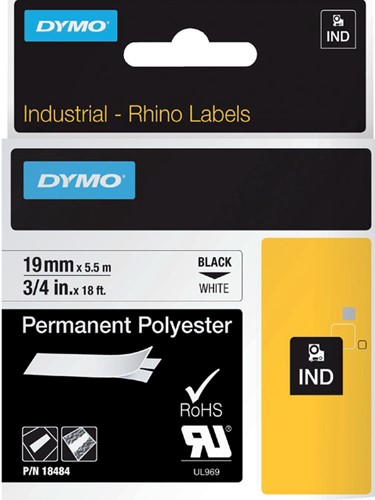 Labeltape Dymo Rhino 18484 polyester 19mmx5.5m zwart op wt