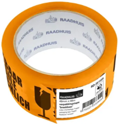 VERPAKKINGSTAPE BREEKBAAR RAADHUIS 50MMX66M (ORANJE MET ZWART TEKST)